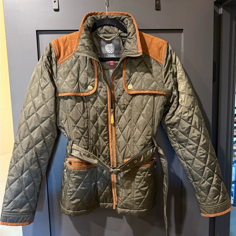 Vince Camuto Quilted Green and Brown Jacket with Belt.